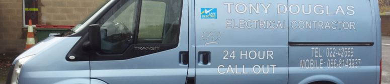 Picture shows a blue van, with 'Tony Douglas Electrical Contractor' on the side